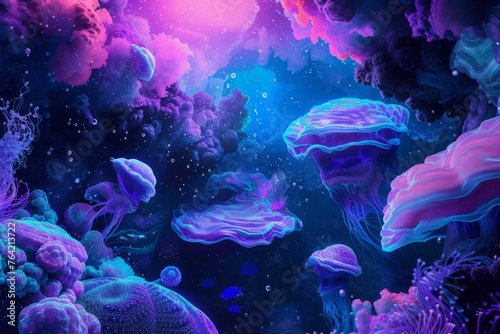A cluster of jellyfish gracefully drifts through the open waters of the ocean, A vibrant alien ocean with luminescent underwater creatures, AI Generated