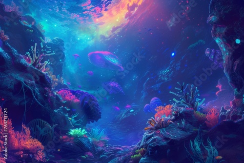This photo depicts a vibrant painting showcasing an ocean scene filled with colorful fish and corals, A vibrant alien ocean with luminescent underwater creatures, AI Generated