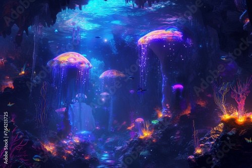 An underwater scene showcasing a vibrant array of jellyfish and corals in their natural habitat, A vibrant alien ocean with luminescent underwater creatures, AI Generated © Iftikhar alam