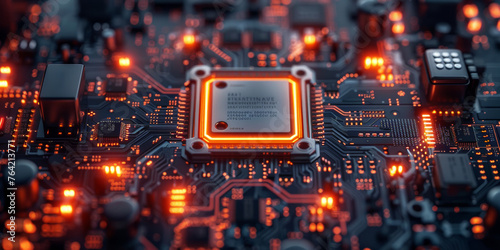 Wallpaper featuring a detailed illustration of a glowing chipsets central processing unit CPU against a vibrant and dynamic circuit board techno background.
