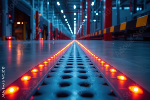 An empty warehouse aisle with futuristic LED track lighting system illuminating the space