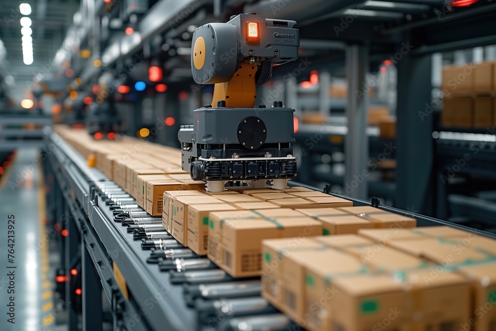 Automated robotic arm sorting packages on a conveyor belt in a modern distribution warehouse Efficiency and technology in logistics