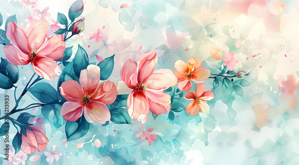 Colorful watercolor background with blooming flowers