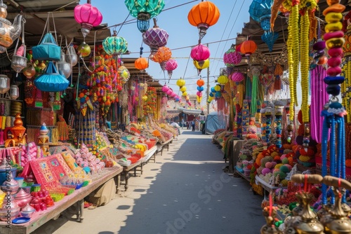 A narrow street radiates with an array of vibrant lanterns hanging overhead  creating a captivating display of color and light  A vibrant Eid market with festive decorations  AI Generated