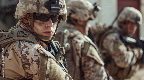 Army Soldier in Training: Balistic Glasses and Multicam, Airsoft, Space For Text 