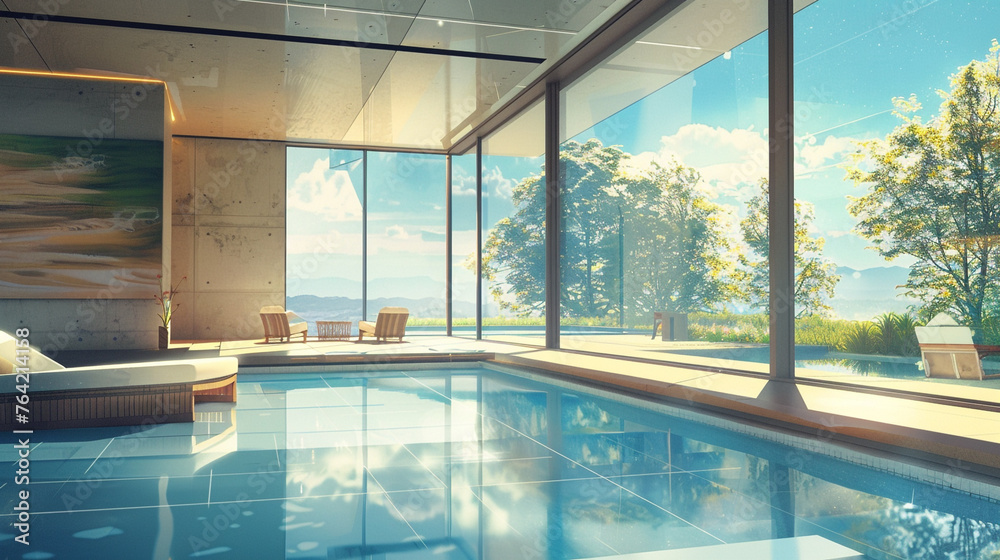 Fototapeta premium A dreamy illustration capturing the essence of modern living, with a chic villa boasting floor-to-ceiling windows that open up to a serene pool area, 