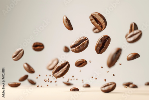Splash of roasted coffee beans close up isolated on light slightly meringue background with space for text or inscriptions  selective focus close up 