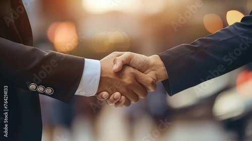 businessman and businesswoman wearing suit and shaking hands (teamwork or partnership concept)