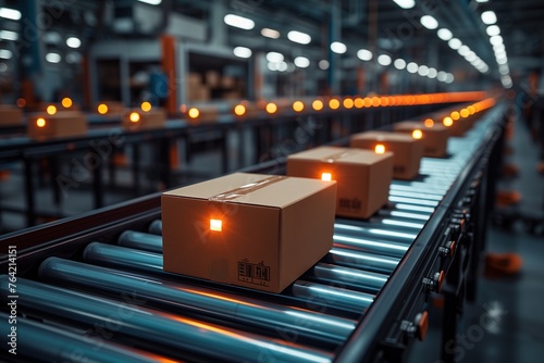 An illuminated industrial conveyor belt transporting cardboard boxes in a warehouse