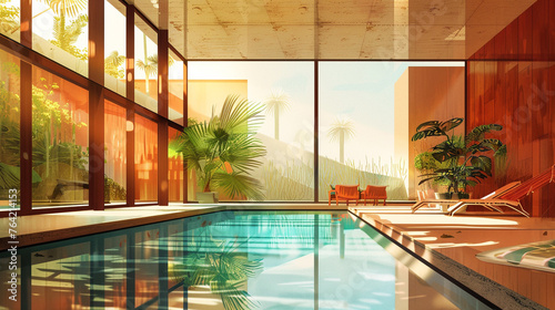 A dreamy illustration capturing the essence of modern living, with a chic villa boasting floor-to-ceiling windows that open up to a serene pool area, 