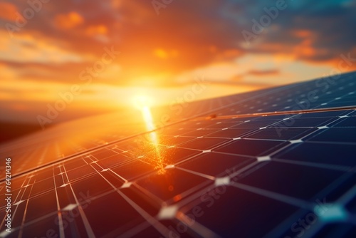 Sunset reflects off solar panels, infusing sky with radiant hues, symbolizing sustainable energy. Sunlight flares on photovoltaic cells, sky blazes with vibrant colors, epitomizing clean power..