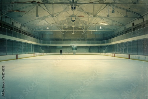 An expansive ice rink devoid of people or activity in a spacious building, A vintage style postcard of a serene, empty ice rink waiting for a hockey match to begin, AI Generated