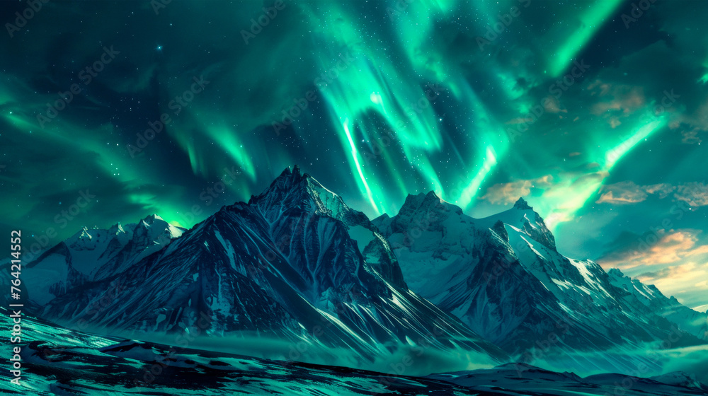 A mountain is brightly illuminated by green and purple lights, creating a stunning display of colors against the dark night sky. Banner. Copy space A mountain is brightly illuminated by green and purple lights, creating a stunning display of colors against the dark night sky. Banner. Copy space