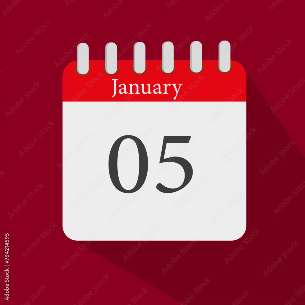 calendar date January 5th red background with shadow and red border vector icon. calendar date January 5th red background with shadow and red border vector icon.