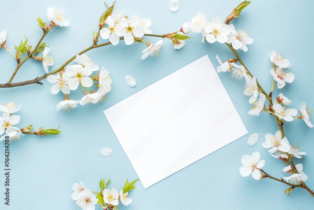 Fresh branches of white cherry flowers on a pastel blue background. Blank white card mockup with copy space for text