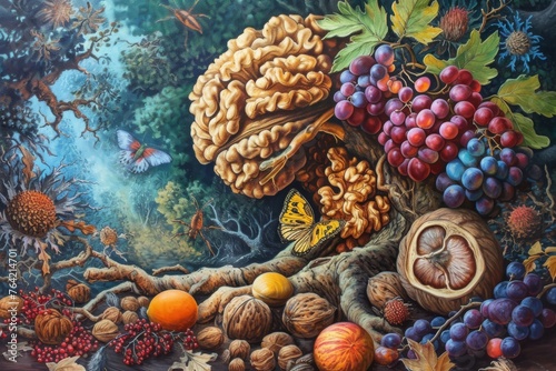 An artistic representation of a varied assortment of fruits and nuts showcased in a vibrant and engaging painting, A vivid painting conveying the concept of a tree nut allergy, AI Generated