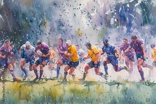 A dynamic painting capturing the intense action of rugby players as they sprint in the rain, A watercolor depiction of a rainy rugby match, AI Generated
