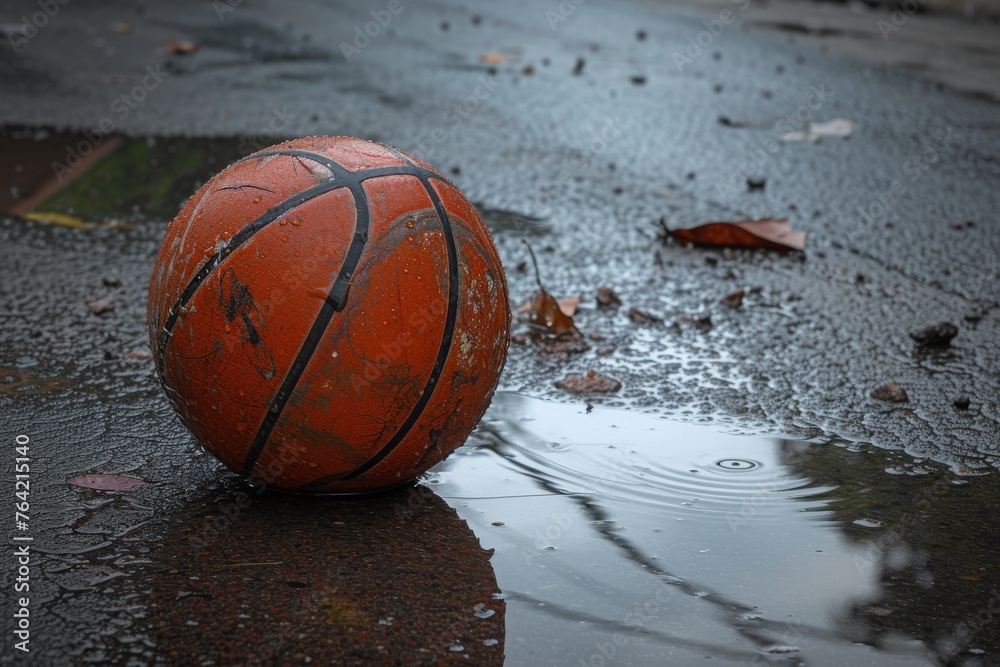 A basketball sits on the wet ground during a rain shower, soaking in the water droplets, A well worn basketball laying alone in a puddle after the rain, AI Generated