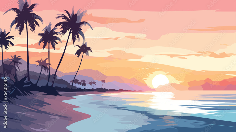 A serene beach at sunset with palm trees and gentle