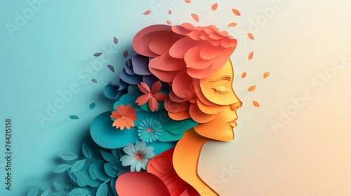 World Maternal Mental Health Day. Happy Mother's day. Floral decorations in paper art style. Paper craft card of young woman with flowers in her hair. Generative ai