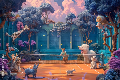 A painting depicting a group of animals engaging in a game of tennis on a court, A whimsical scene where animals are playing a tennis match, AI Generated