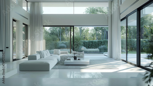 A luxurious white villa with sleek architectural lines, boasting spacious interiors illuminated by natural light pouring in through its vast windows, 