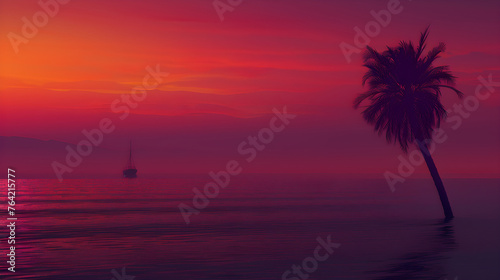 JL Schlender's Artwork - A Mesmerizing Beach Sunset with Solitary Palm Tree and Distant Boat