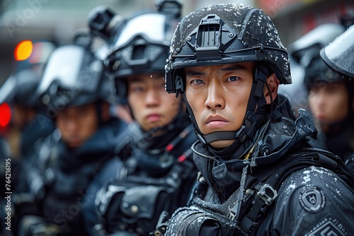 Asian SWAT Team in Winter: Black Tactical Gear, Airsoft & Military Imagery