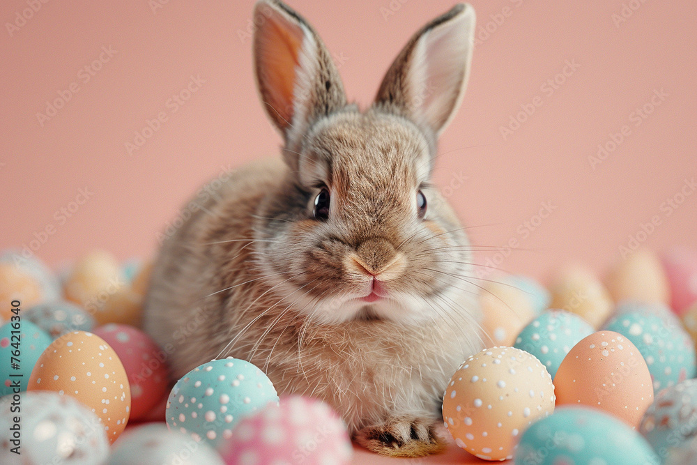 bunny with easter eggs in a basket on pink background