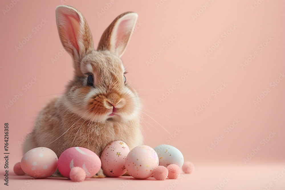 Fototapeta premium bunny with easter eggs in a basket on pink background