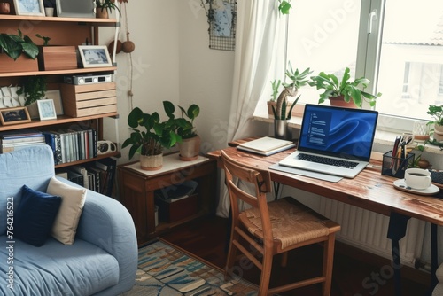 A laptop computer sits atop a sturdy wooden desk, providing a workspace for productivity and digital tasks, Abstract representation of a home office setup, AI Generated