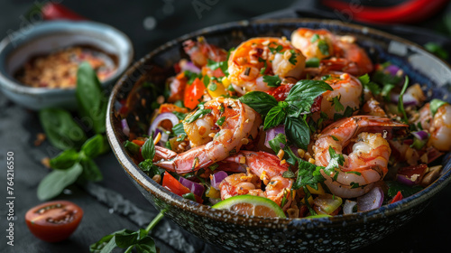 Vibrant shrimp salad with fresh vegetables, herbs, and a squeeze of lime in a decorative bowl.