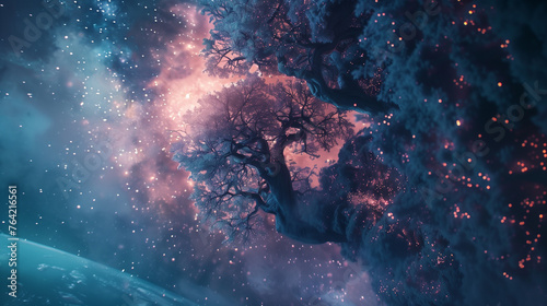 Enchanted tree under starry cosmic sky