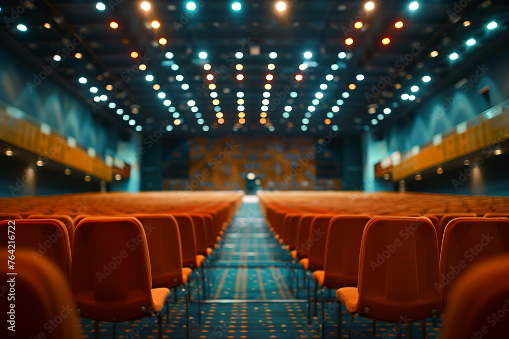 A group of colleagues attending a workshop on conflict resolution and mediation. Symmetrical rows of electric blue chairs in a red chairfilled auditorium