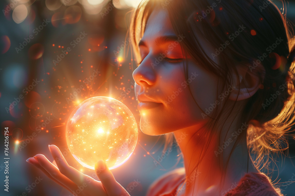 Naklejka premium A person practicing visualization techniques for goal achievement. The woman is holding a glowing ball in her hands, creating a lens flare effect