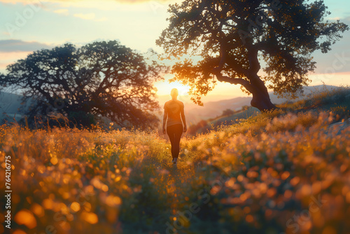A person practicing mindfulness while enjoying a nature walk. A person walks through a field of flowers as the sun sets