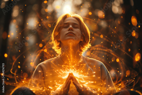 A person practicing visualization techniques for goal achievement.Person in lotus position, chest aglow with fiery orange flame