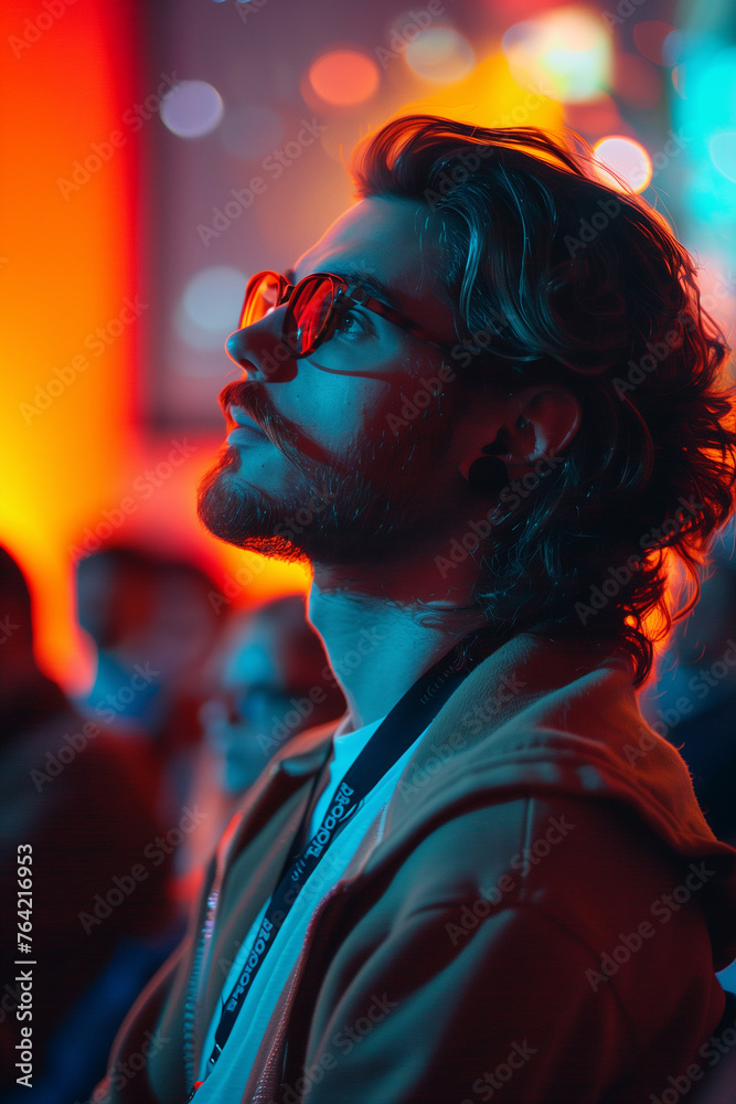 A person attending a seminar on positive psychology and well-being. A man in purple sunglasses sits in a dark room, looking up A person attending a seminar on positive psychology and well-being. A man in purple sunglasses sits in a dark room, looking up