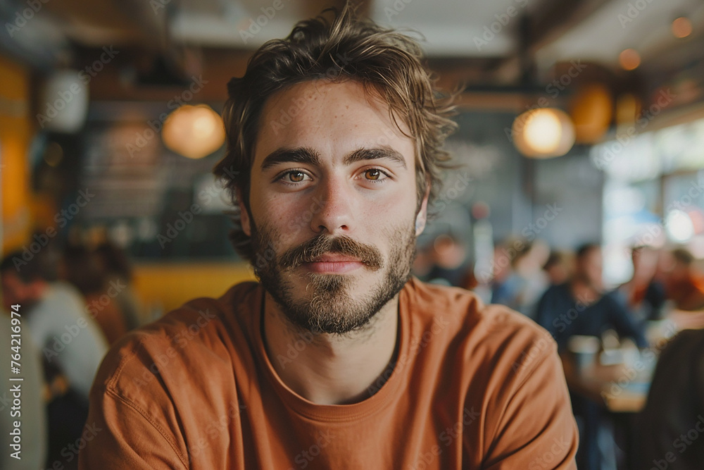 A person attending a workshop on resilience and bouncing back from setbacks. Bearded man at restaurant table, facing camera with fun expression A person attending a workshop on resilience and bouncing back from setbacks. Bearded man at restaurant table, facing camera with fun expression