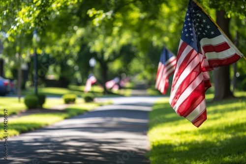Two American flags stand proudly on either side of a road, showcasing patriotism, American flags lining a peaceful suburban street on Memorial Day, AI Generated