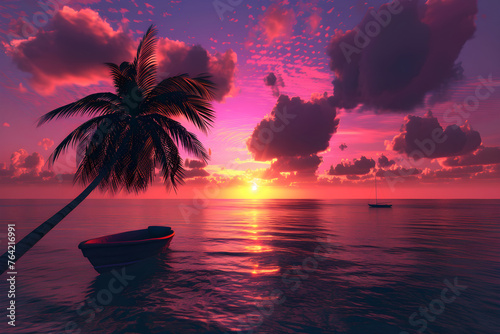 JL Schlender's Artwork - A Mesmerizing Beach Sunset with Solitary Palm Tree and Distant Boat