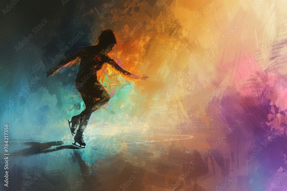 Naklejka premium A person skillfully rides a skateboard on a vibrant and colorful background, An abstract interpretation of a figure skater's emotions right before they begin their performance, AI Generated