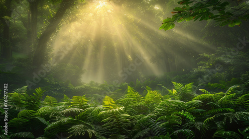 A misty morning in a mystical forest with shafts of golden light piercing through the dense foliage onto a carpet of dew-kissed ferns.
