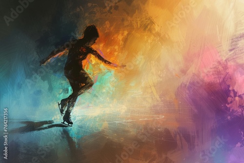 A person skillfully rides a skateboard on a vibrant and colorful background, An abstract interpretation of a figure skater's emotions right before they begin their performance, AI Generated