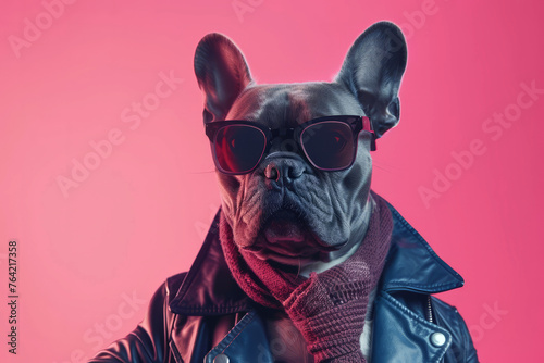 Black french bulldog wearing a leather jacket and black glasses isolated on a pink empty background with space for text or inscriptions  © Ivan