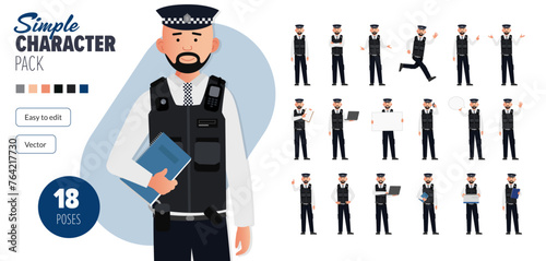 Simple flat police man officer vector character in a set of multiple poses. Easy to edit and isolated on a white background. Modern trendy style character mega pack with lots of poses.	
