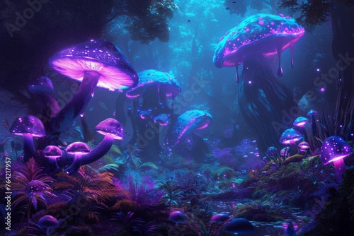 A cluster of mushrooms growing amidst the grassy terrain, showcasing the natural beauty of these fungi, An alien forest filled with luminescent plants and giant mushrooms, AI Generated
