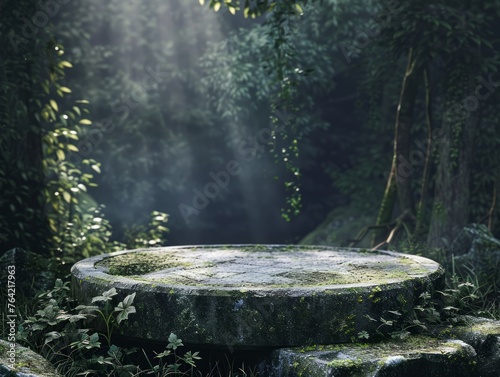 3D render natural rock podium in the forest with sun shine