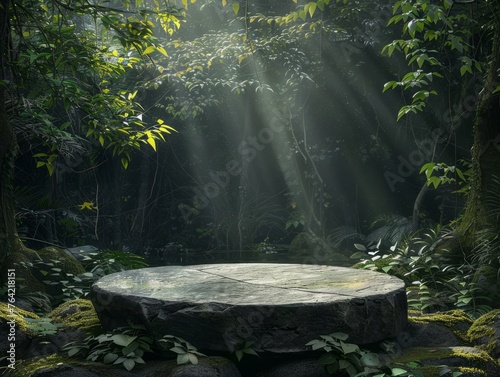 3D render natural beauty rock podium in the forest