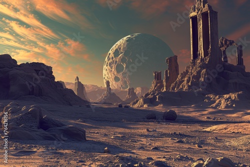 Computer Generated Image of a Distant Planet, An ancient, advanced civilization ruins on a distant exoplanet, AI Generated